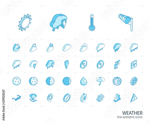 Isometric line icon set. 3d vector colorful illustration with meteo symbols. Weather cast, cloud, rain, snow, moon, thermometer, umbrella colorful pictogram Isolated on white