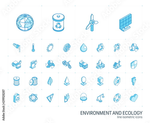 Isometric line icon set. 3d vector colorful illustration with ecology symbols. Eco, bio, environmental, wind power, recycle colorful pictogram Isolated on white
