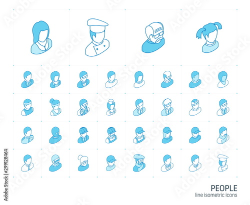Isometric line icon set. 3d vector colorful illustration with people avatars symbols. Social media user profile, profession, manager, doctor, cook, old man, artist colorful pictogram Isolated on white