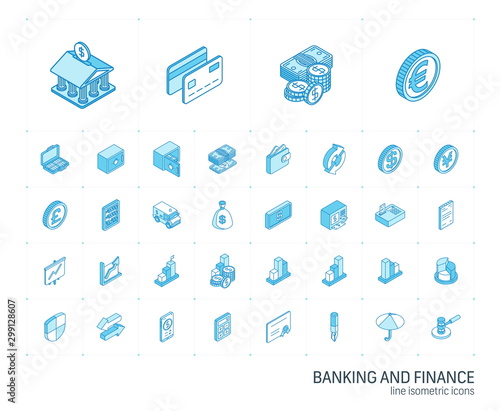 Isometric line icon set. 3d vector colorful illustration with banking and finance symbols. Credit card, wallet, coin, safe, money bag, cash, dollar, euro, pound colorful pictogram Isolated on white