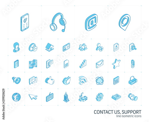Isometric line icon set. 3d vector colorful illustration with contact us symbols. Communication, home, call, speech bubble, email, letter, envelope, handshake colorful pictogram Isolated on white