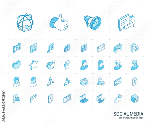 Isometric line icon set. 3d vector colorful illustration with social media and digital technology symbols. Like, speech bubble, avatar, computer, web, mobile colorful pictogram Isolated on white