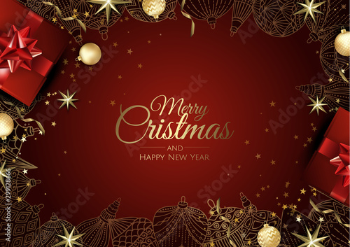Christmas greeting card with Christmas Tree Decorations, Pine Branches, balls,stars and snow.