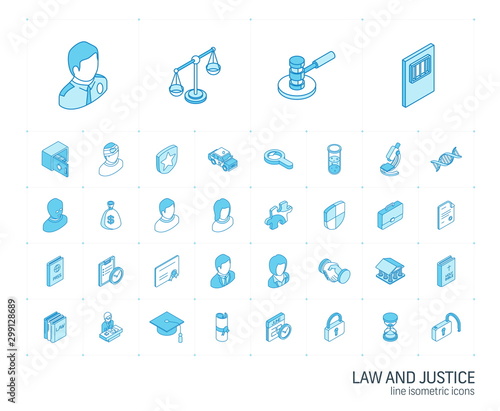 Isometric line icon set. 3d vector colorful illustration with justice, law symbols. Legal, court, judge, crime, police, prison, gavel and scale colorful pictogram Isolated on white