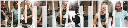 Collage of a smiling young woman exercising with friends