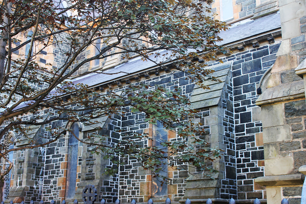 Partial view of a stone wall of the Cathedral of St. John the Baptist, St. John's, Newfoundland, Canada.