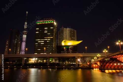 Night view of  Asahi building and Tokyo sky tree beside Sumida river in Japan
