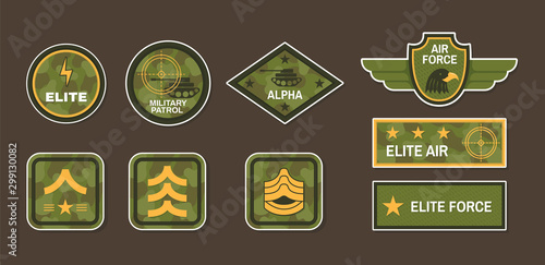 Military symbol and army badge set. Army signs and badges different branches and types of troops army apparel signs naval insignia vector illustration