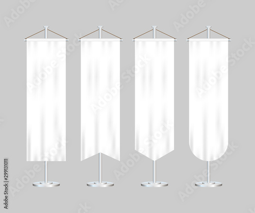 Signal white long sport advertising pennants banners samples on pole stand support pedestal realistic set. Vector illustration.