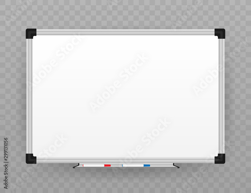 Realistic office Whiteboard. Empty whiteboard with marker pens. Vector stock illustration.