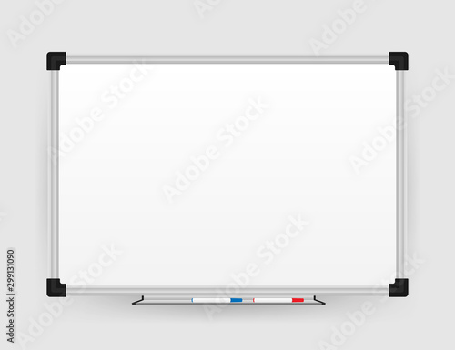 Realistic office Whiteboard. Empty whiteboard with marker pens. Vector stock illustration.