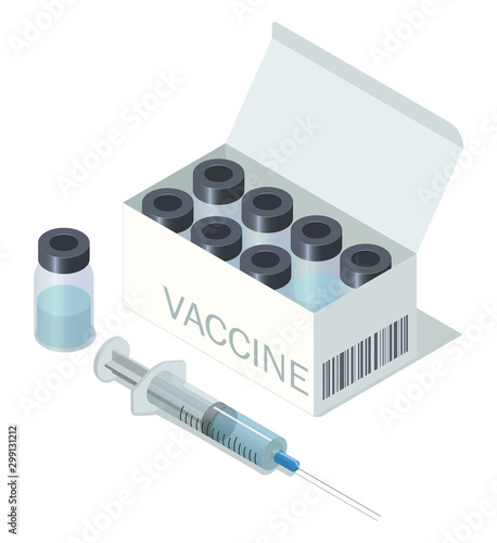 Vaccination concept. Can use for web banner, infographics. Flat isometric vector illustration. Syringe with vaccine, bottle and box of 8 vaccine vials.