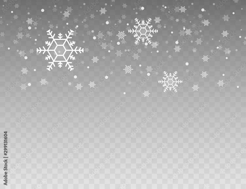 Many white cold flake elements on transparent background. Heavy snowfall, snowflakes in different shapes and forms. Vector stock illustration. - obrazy, fototapety, plakaty 