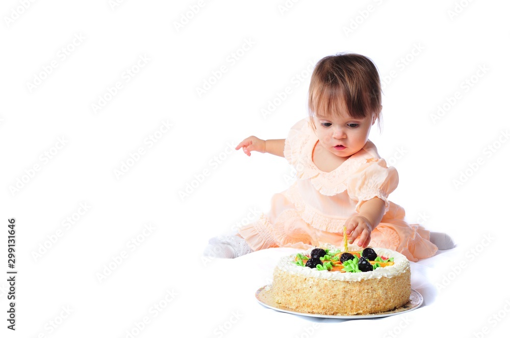One year baby, isolated on white, birthday series with cake One year baby, isolated on white, birthday series with cake