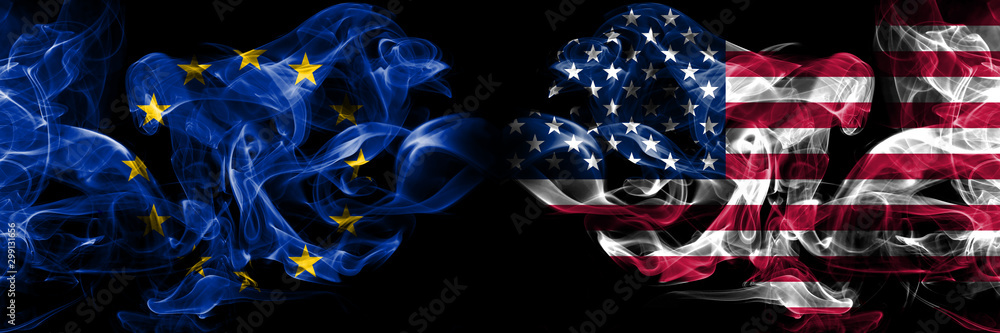 Eu, European union vs United States of America, American, USA smoke flags placed side by side. Thick colored silky smokes abstract flags - obrazy, fototapety, plakaty 