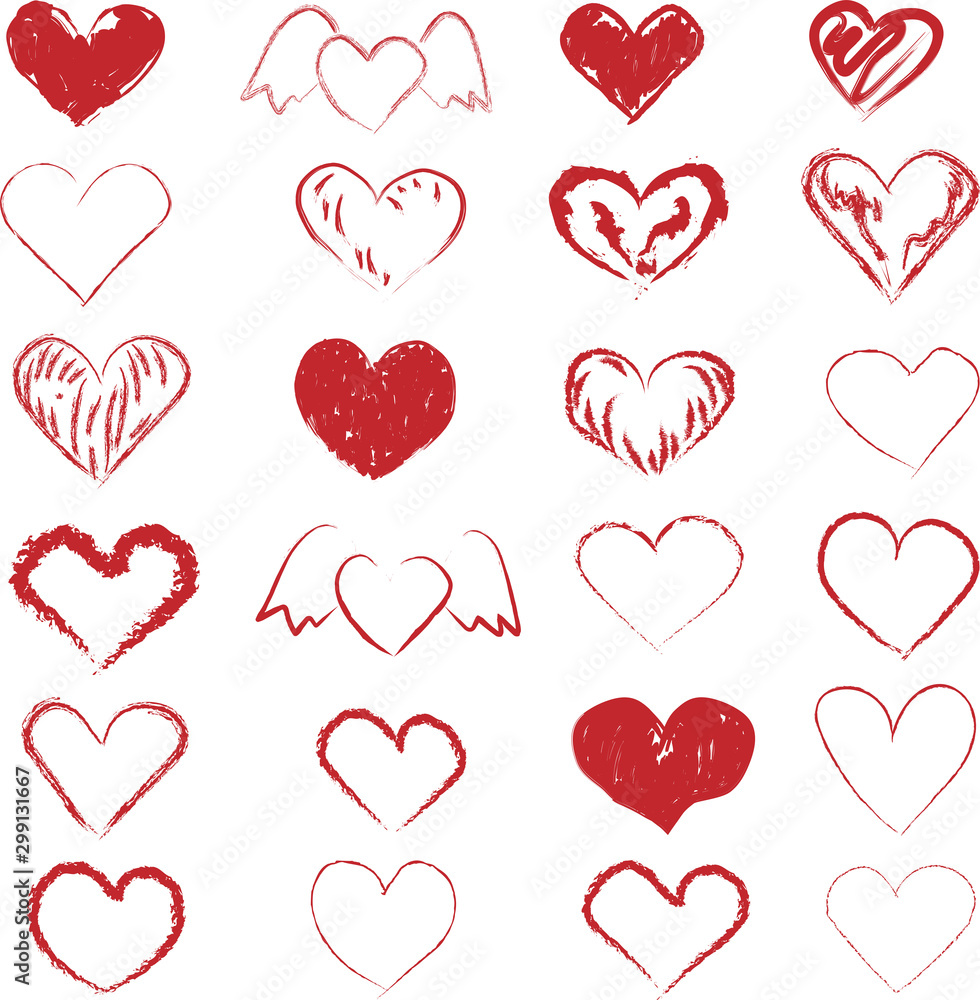 Set of Hand Drawn Hearts in red