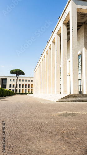 Roman architecture in white marble. rationalist architecture. EUR district of architecture developed during the Fascist period