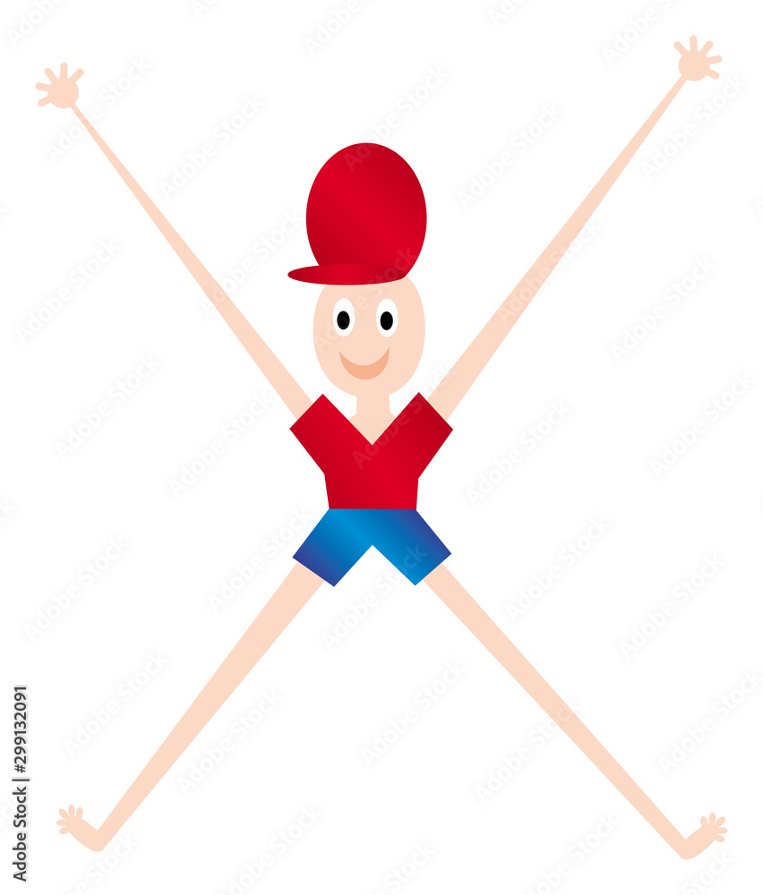 Funny man, sporty cartoon girl in shorts and a T-shirt in the form of a slanting cross. Funny man, sporty cartoon girl in shorts and a T-shirt in the form of a slanting cross.