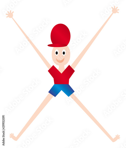 Funny man, sporty cartoon girl in shorts and a T-shirt in the form of a slanting cross.