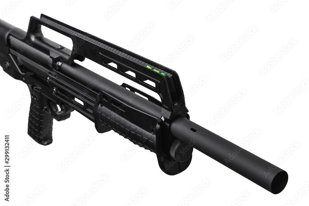 Modern semi-automatic tactical shotgun isolate on white background. Modern weapons on a light background. Modern semi-automatic tactical shotgun isolate on white background. Modern weapons on a light background.