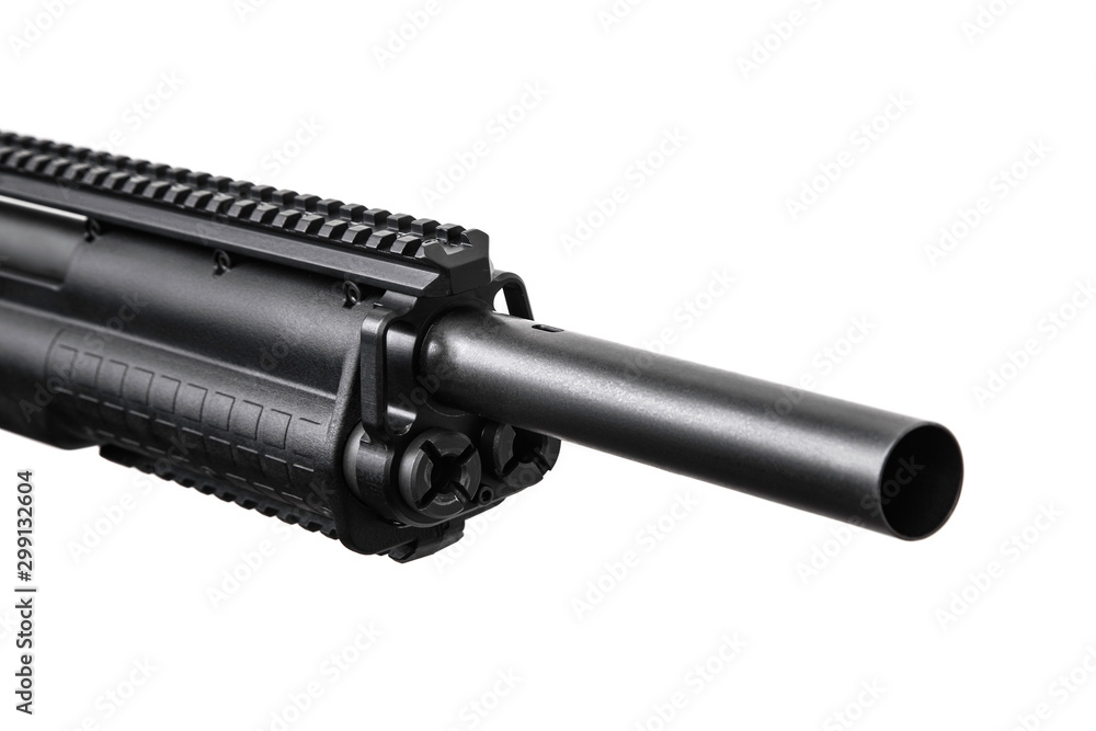 Modern semi-automatic tactical shotgun isolate on white background. Modern weapons on a light background. Modern semi-automatic tactical shotgun isolate on white background. Modern weapons on a light background.