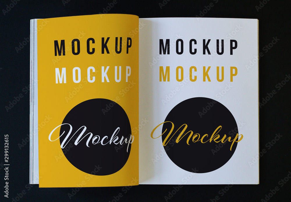 Open Magazine Mockup with Black Background Stock Template | Adobe Stock