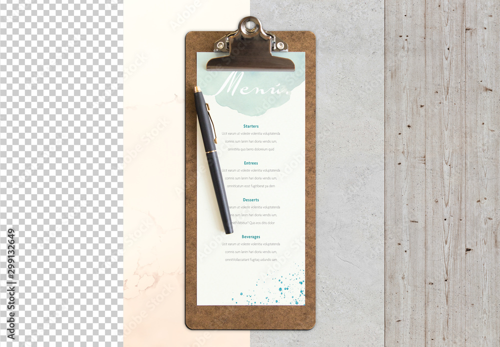 Menu Mockup on Clipboard with Pen Stock Template Adobe Stock