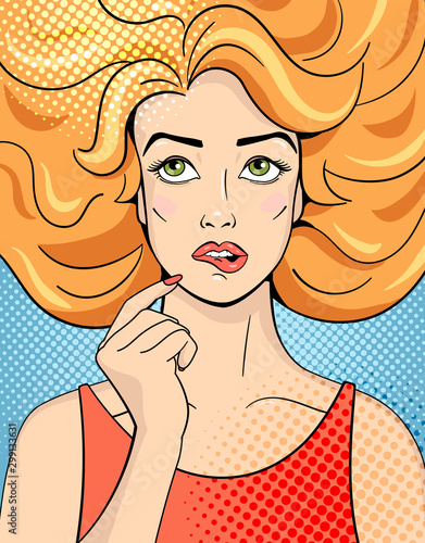Thinking young woman looking up. Vector Illustration in comic style. .