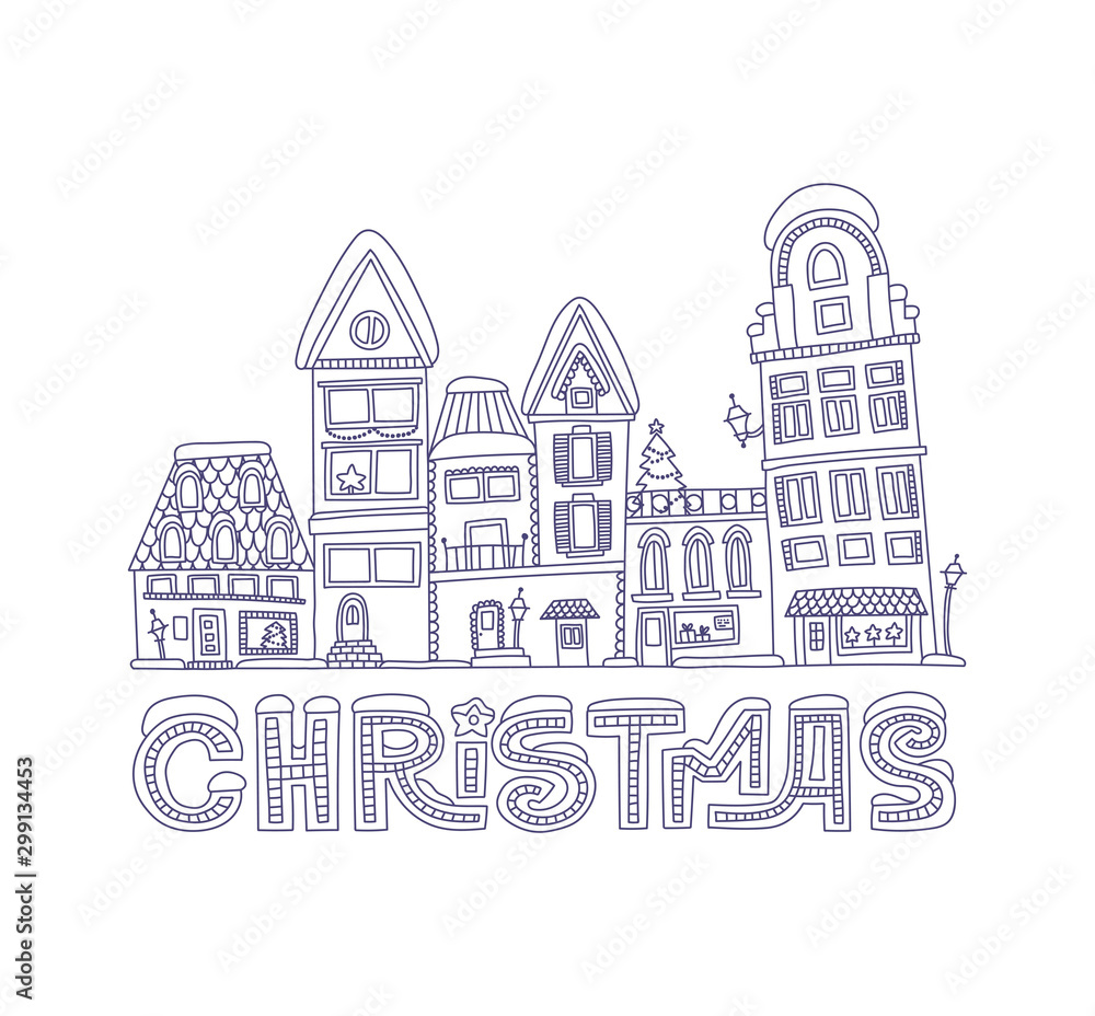 Christmas vector lettering. Hand drawn holiday card with “Christmas time” lettering and decorated winter house.