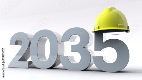 3D illustration of number 2035 wearing a hard helmet