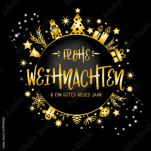Frohe Weihnachten und ein gutes neues Jahr Kalligraphie - Grußkarte mit Weihnachtsbaum auf schwarzem Hintergrund