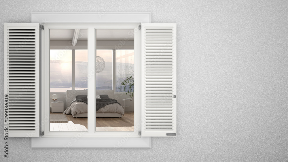 Exterior plaster wall with white window with shutters, showing interior modern bedroom, blank background with copy space, architecture design concept idea, mockup template Exterior plaster wall with white window with shutters, showing interior modern bedroom, blank background with copy space, architecture design concept idea, mockup template