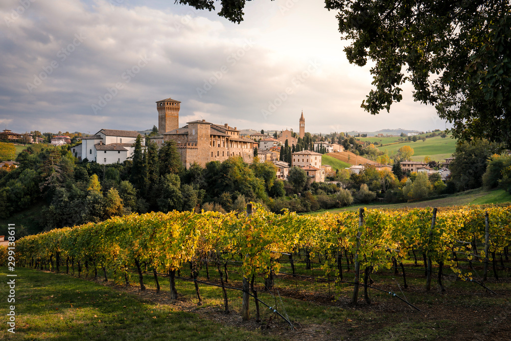 Levizzano Rangone Castle, with vineyards, during autumn. Modena province, Emilia Romagna, Italy