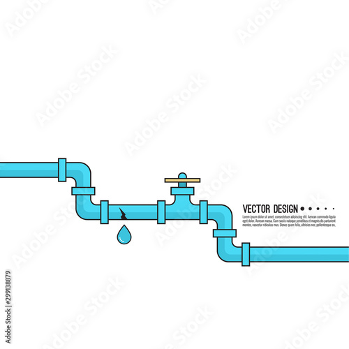 Leaking water pipes. Broken pipeline with leakage, dripping fittings. Vector illustration