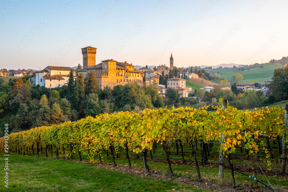 Levizzano Rangone Castle, with vineyards, during autumn. Modena province, Emilia Romagna, Italy
