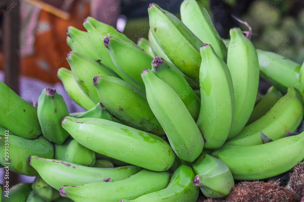 Heap Bunch of Raw Banana Fresh From Farm Green Color in Market Decoration and Sale
