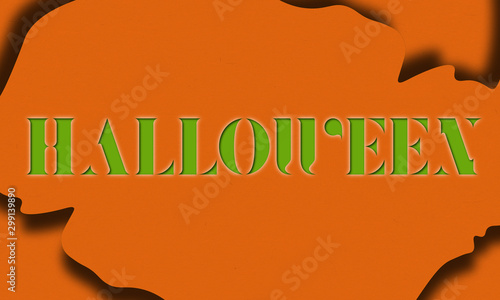 Abstract shape banner with halloween written. Orange background. Green font