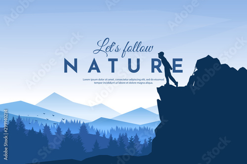 Traveler standing looking on valley. The guy watches nature with backpack and travel walking sticks piled on a rock. Hiking. Adventure tourism. Website template. Countryside. Travel concept. 