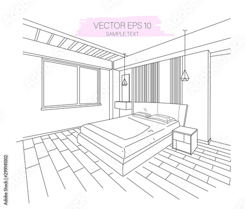 Three dimensional modern apartment bedroom sketch. Sofa, big window and light...