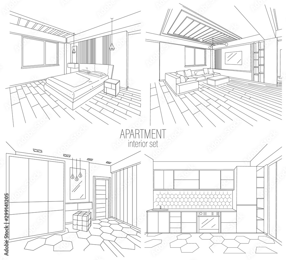 Apartment interior set with living room, kitchen and bedroom sketches. Modern style. Vector