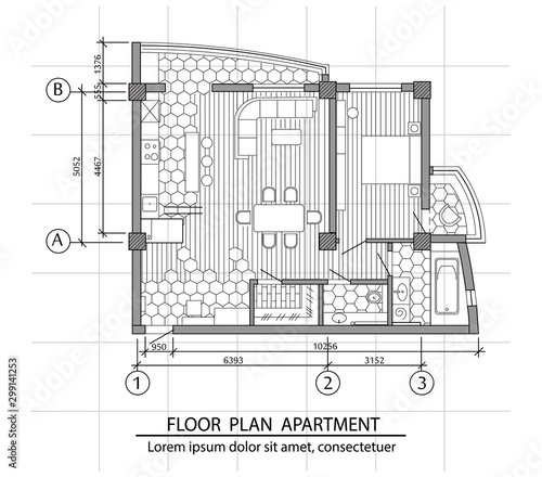 Floor plan of a modern apartment. Interior design with kitchen, bedroom, bath...