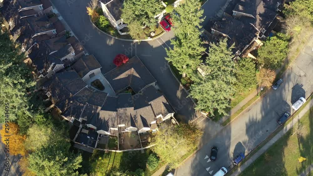 A perfect neighbourhood. Houses in suburb at Summer in the north America. Luxury houses with nice landscape. Aerial drone view. 4K. A perfect neighbourhood. Houses in suburb at Summer in the north America. Luxury houses with nice landscape. Aerial drone view. 4K.