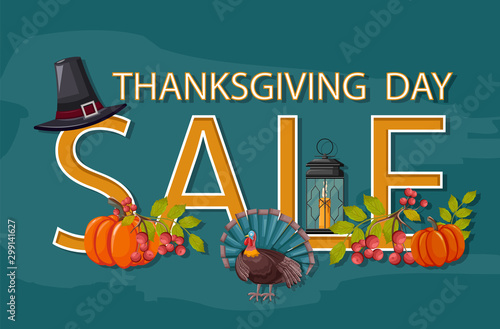 Thanksgiving day sale banner. Light up lantern, turkey, witch hat, pumpkins, ...