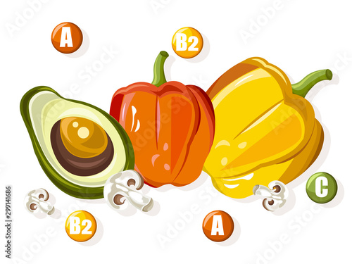 Vitamin complex with colorful peppers, half avocado and mushrooms. Health Vector