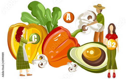 Farmers holding vegetables and advertising vitamin complex with colorful peppers, half avocado, mushrooms and lettuce. Health Vector