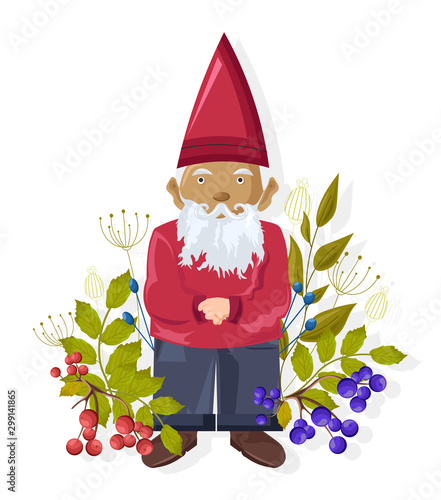 Cartoon dwarf with colorful blue and red berries near him. Green leaves. Heal...