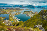 Scenic view of the city of Ballstad and the harbor at Lofoten Islands in autmun