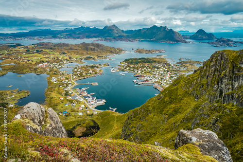 Scenic view of the city of Ballstad and the harbor at Lofoten Islands in autmun