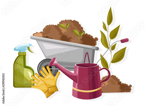 Set of autumn gardening tools. Spray bottle, flower watering can, wheelbarrow with soil and seeds. Agricultural vector