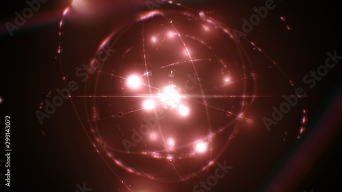 dynamic energetic red atom model concept illustration of glowing proton neutron nucleus, visualization of atom space physics of centric gravity as idea of electrons orbiting as ordered particles